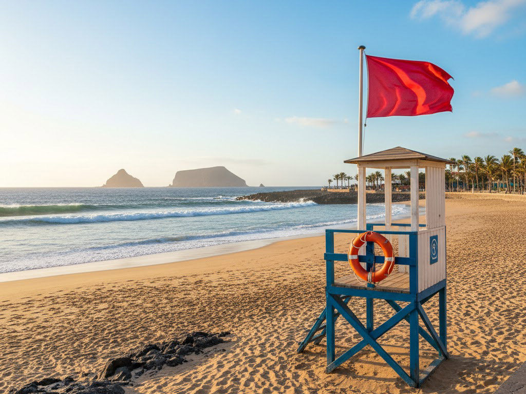 Beach safety and flag system in the Canary Islands Lifeguard tower and red warning flag on a beach in the Canary Islands