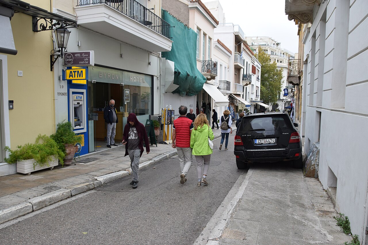 Hotel Byron entrance at 19 Vyronos Street in Plaka, Athens, photographed in November 2021.