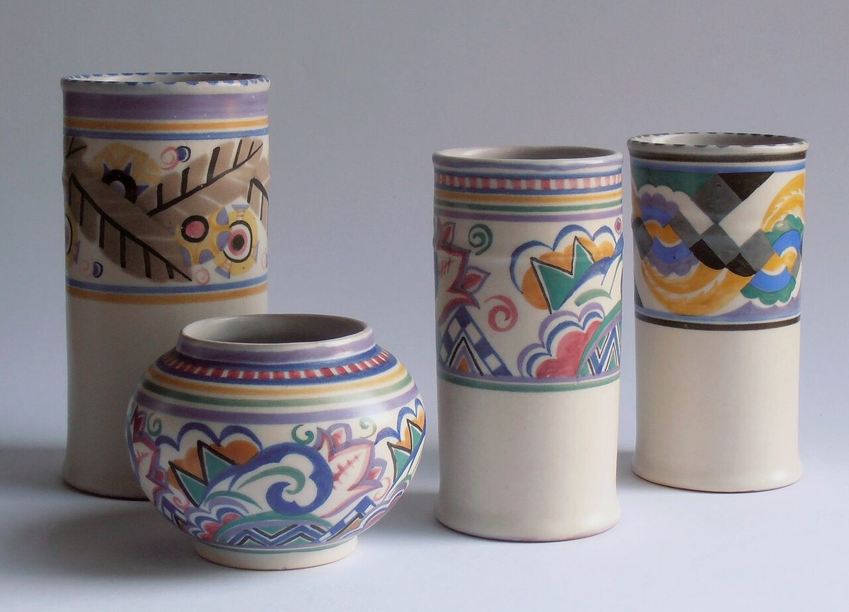 Art Deco Poole Pottery vessels with Truda Carter patterns