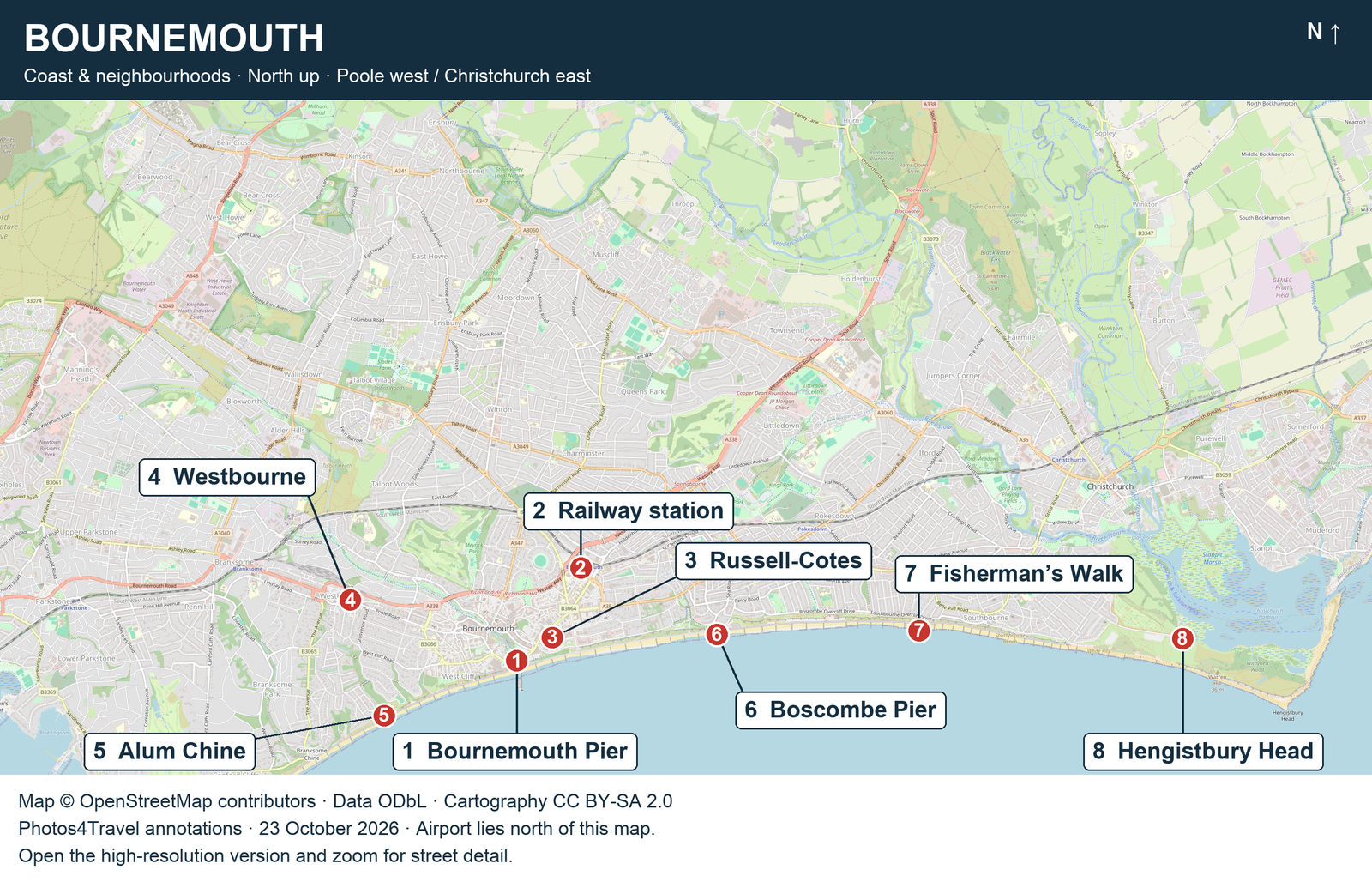 Bournemouth coast and neighbourhoods map with named landmarks