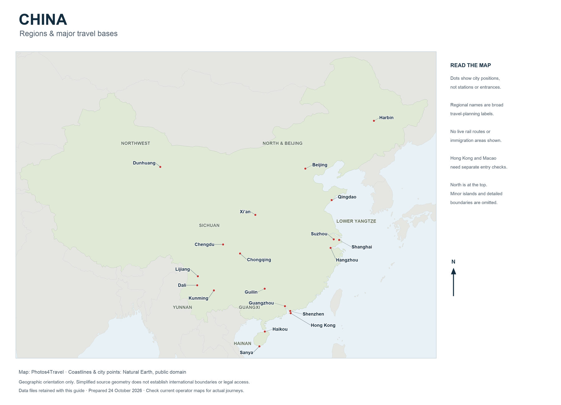 China geographic map showing nineteen major travel bases and broad planning regions