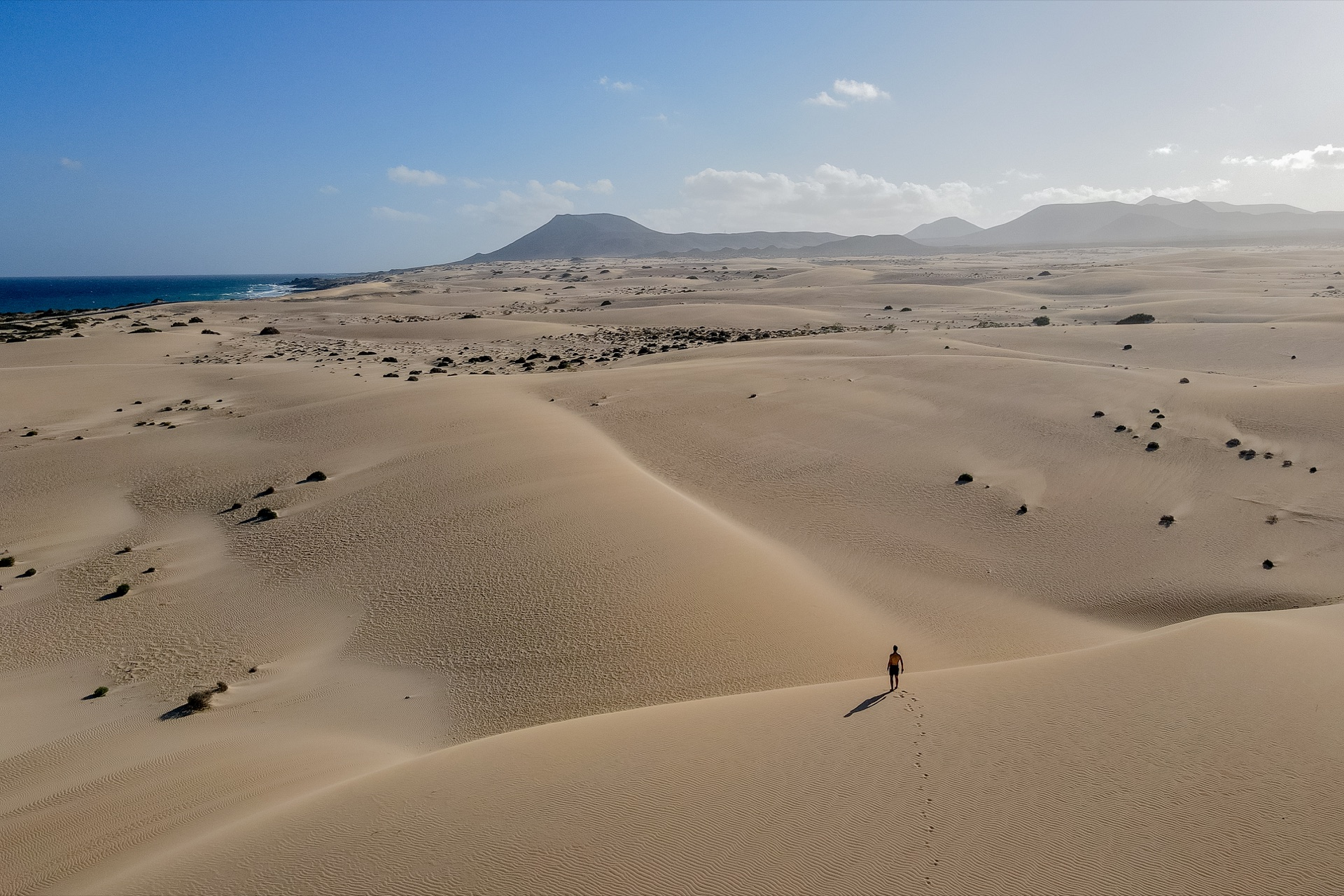 Corralejo sand dunes with Montaña Roja and the Atlantic coast in Fuerteventura