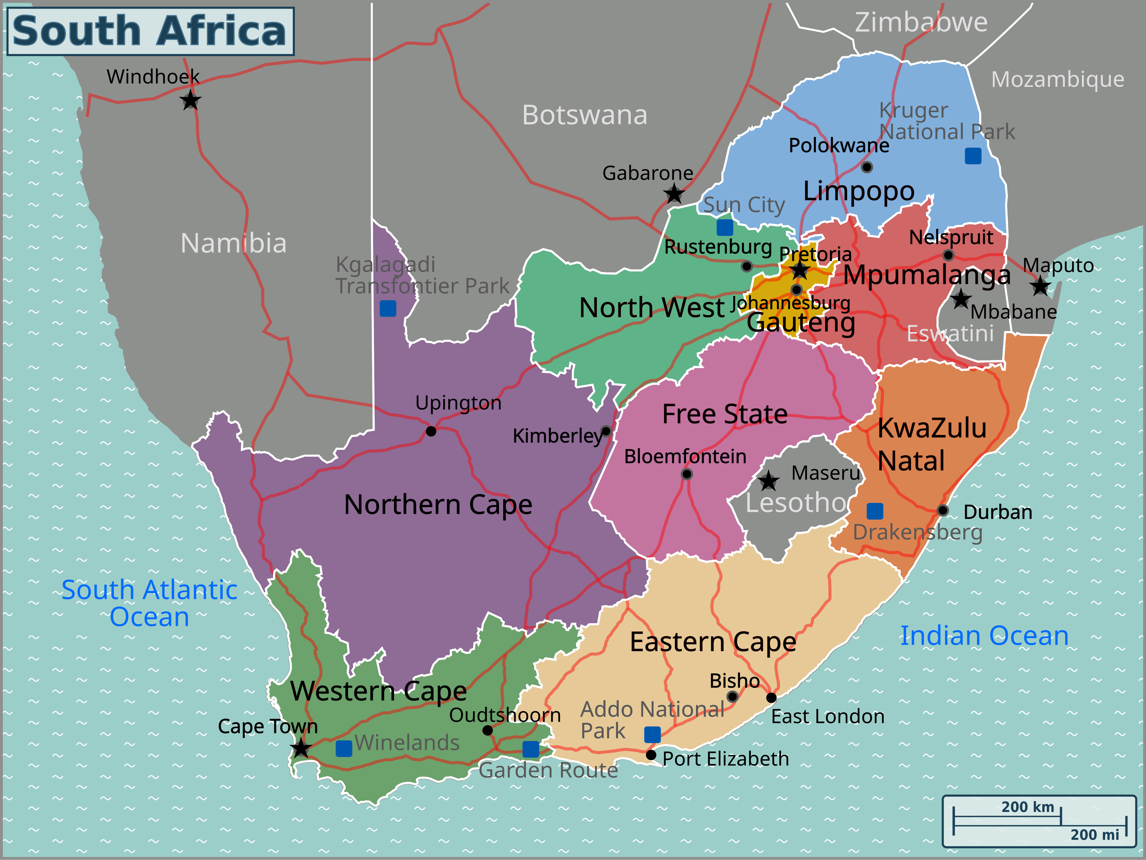 Geographic map of South Africa showing nine provinces, cities and parks Geographic map of South Africa showing nine provinces, cities and parks