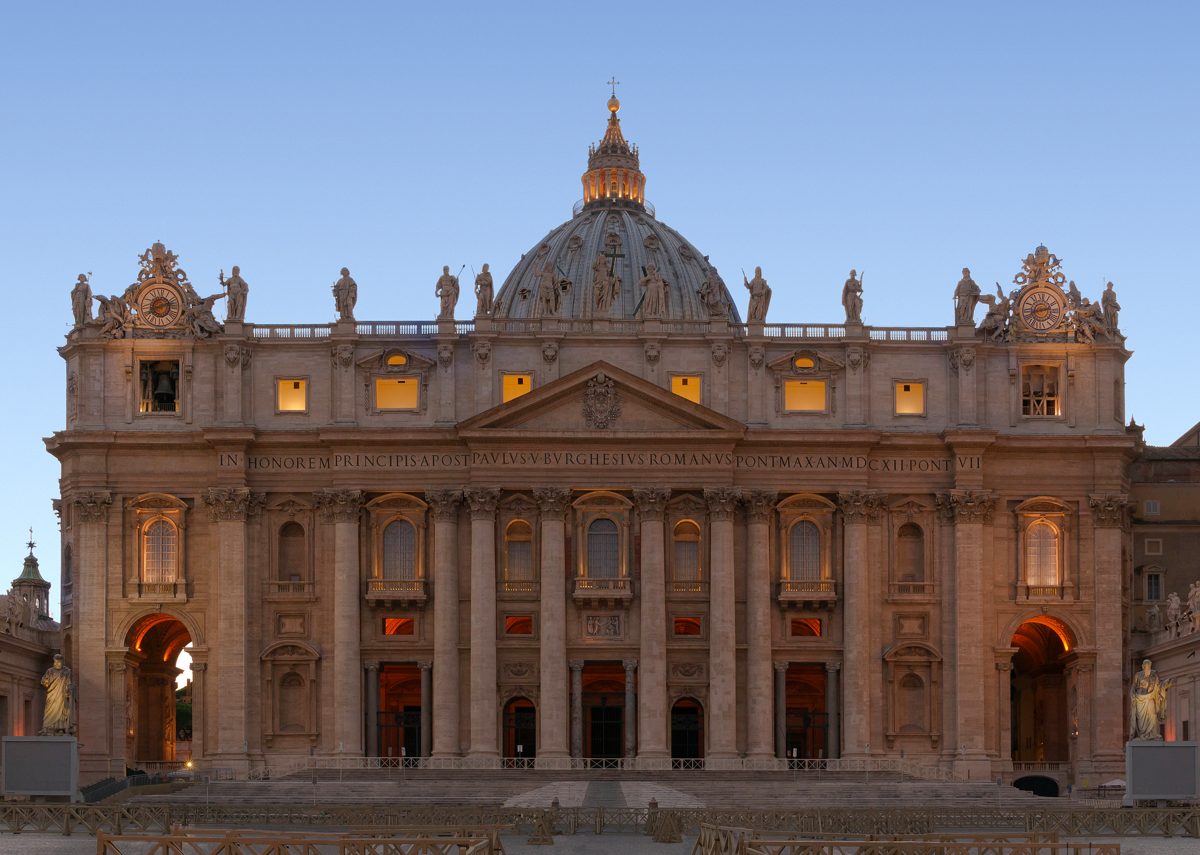 St. Peter’s Basilica facade at blue hour
