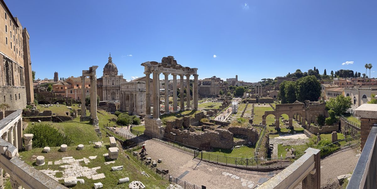 Panoramic view across the Roman Forum ruins
