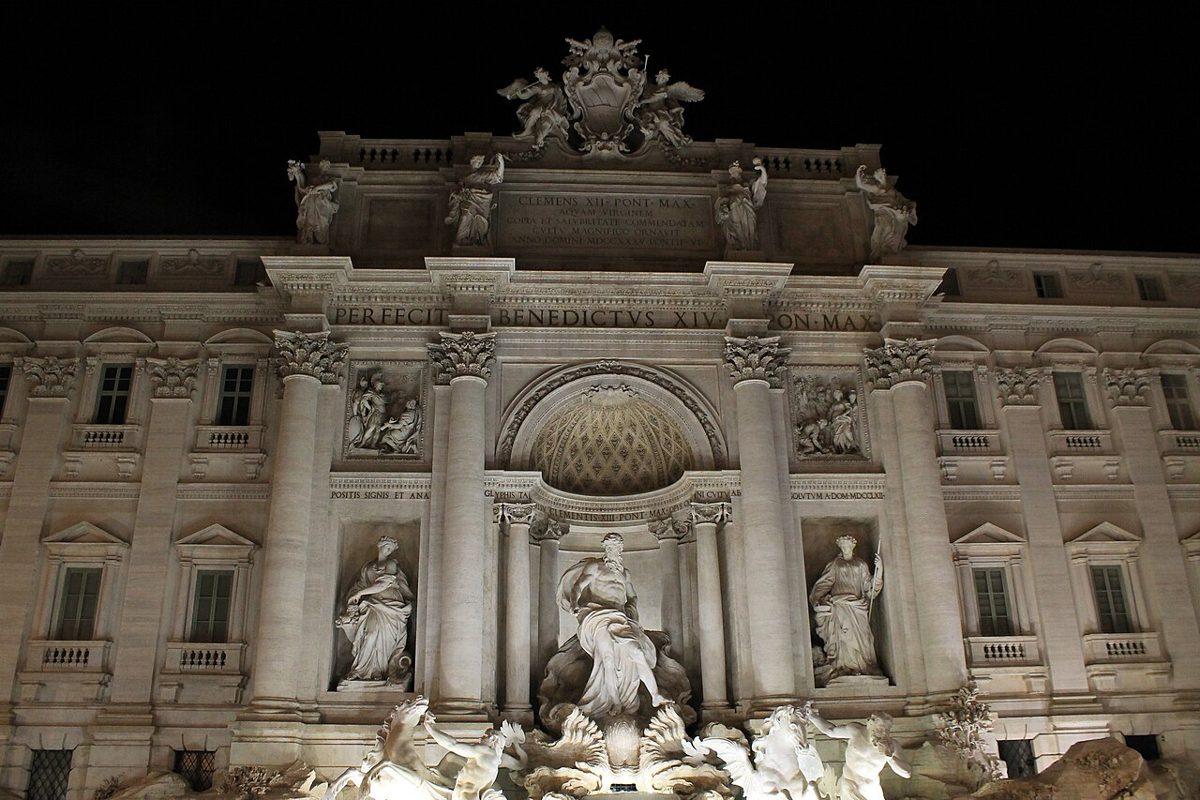 Trevi Fountain facade, sculpture and water illuminated at night