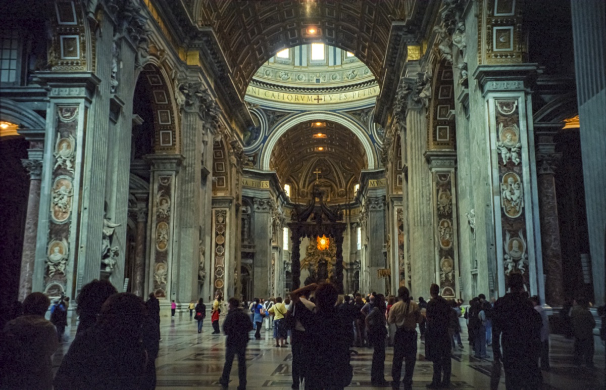 Interior of St. Peter’s Basilica, looking through the nave toward Bernini’s baldachin