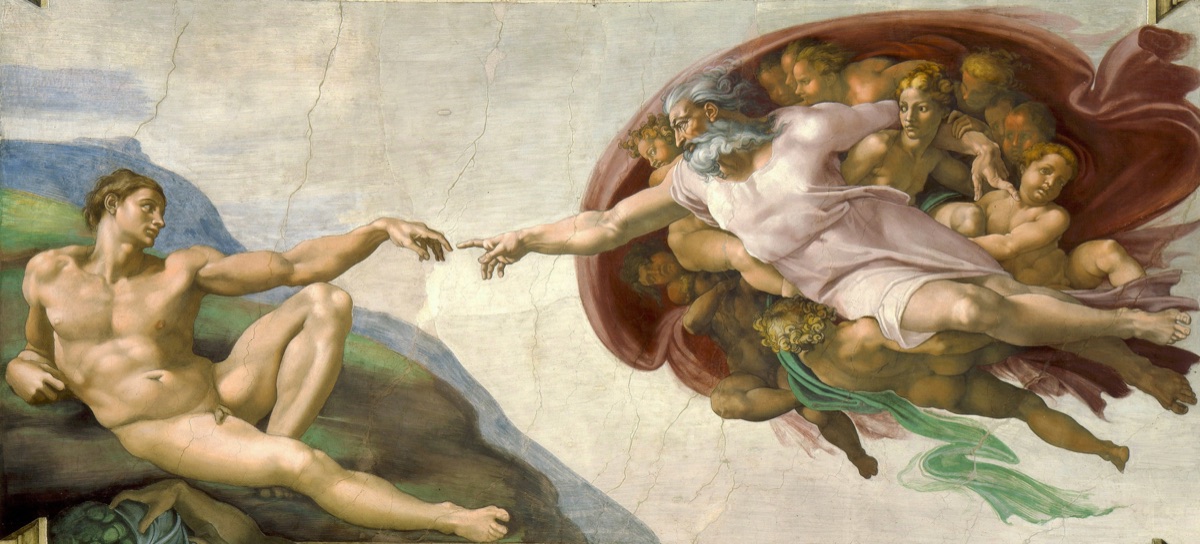 Michelangelo’s Creation of Adam, with Adam and God extending their hands toward one another