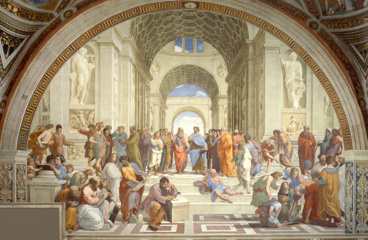 Raphael’s School of Athens, with Plato and Aristotle at the centre beneath painted classical arches