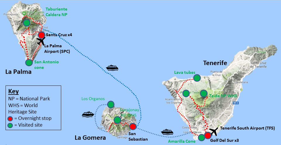 Sample island-hopping travel route across the Canary Islands including Tenerife, La Gomera and La Palma