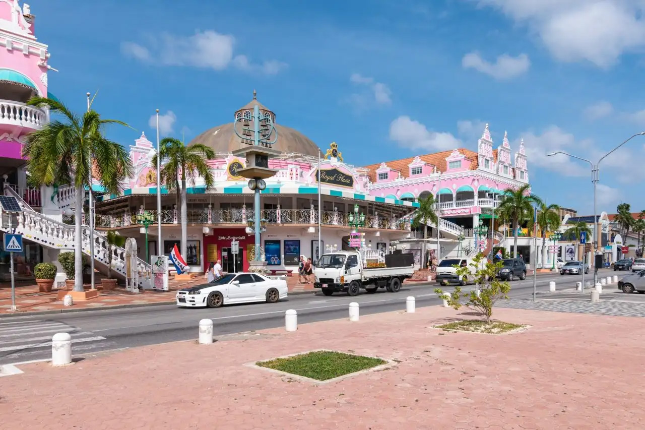 Colorful Dutch-Caribbean style Royal Plaza Mall in Oranjestad, Aruba