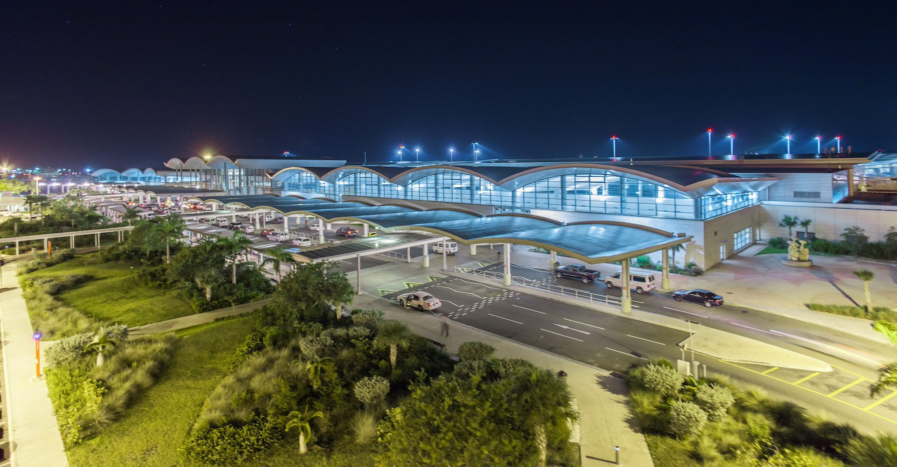 Night view of Lynden Pindling International Airport terminal in Nassau, Bahamas