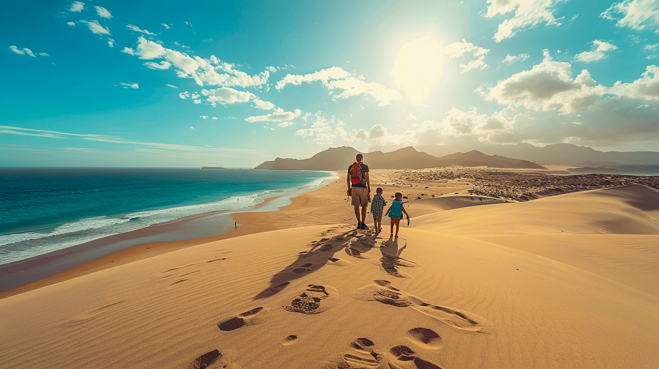 Family walking along a sandy beach in the Canary Islands at sunrise