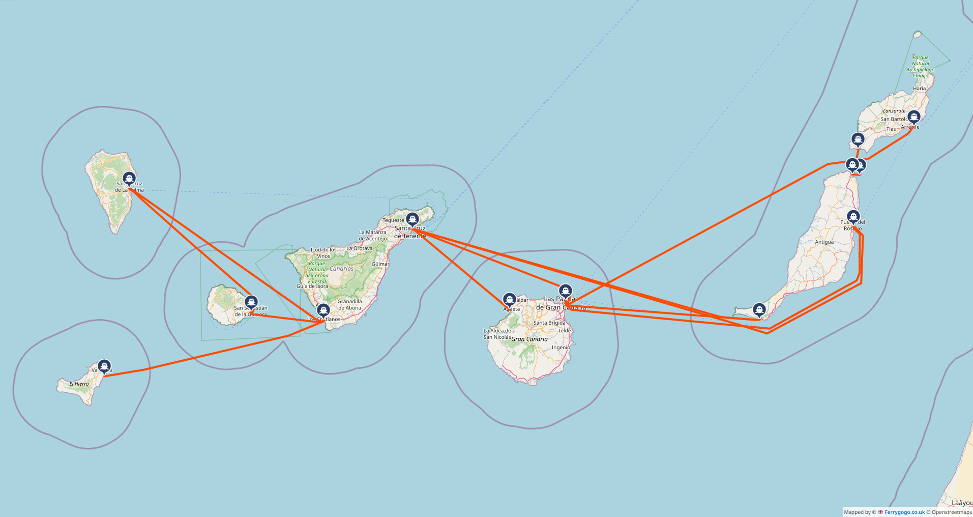 Canary Islands ferry routes connecting Tenerife, Gran Canaria, Lanzarote, Fuerteventura and western islands