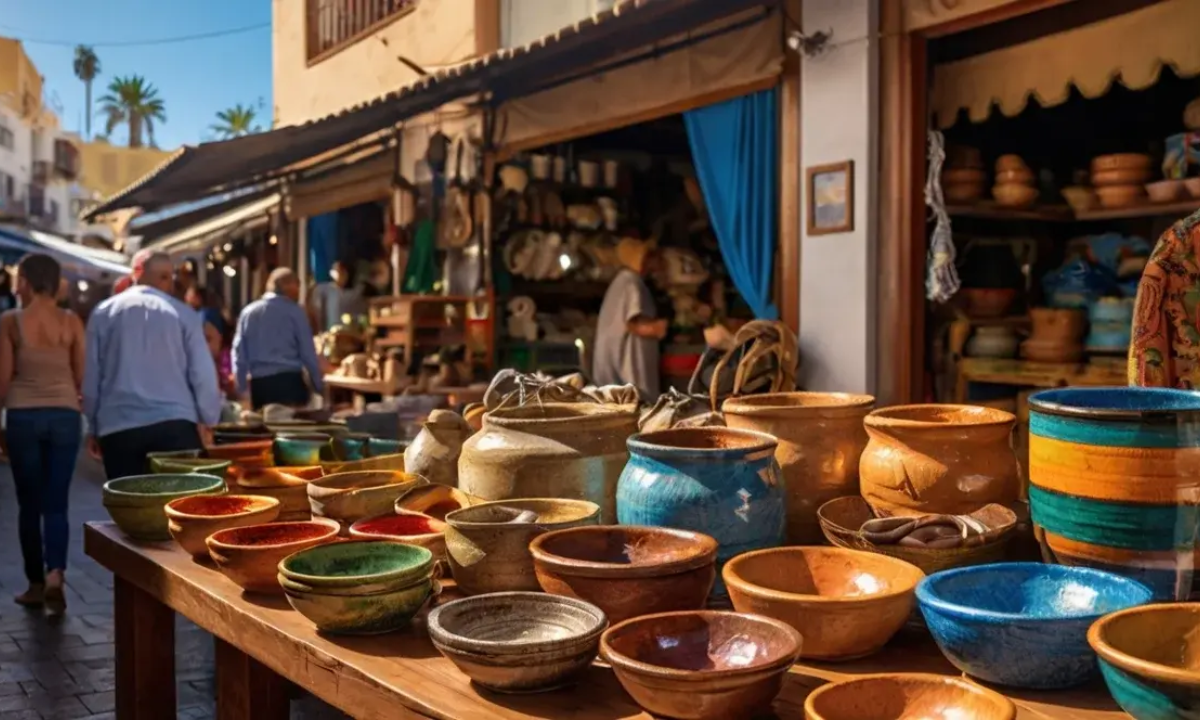 Tourists shopping at a local outdoor market in the Canary Islands
