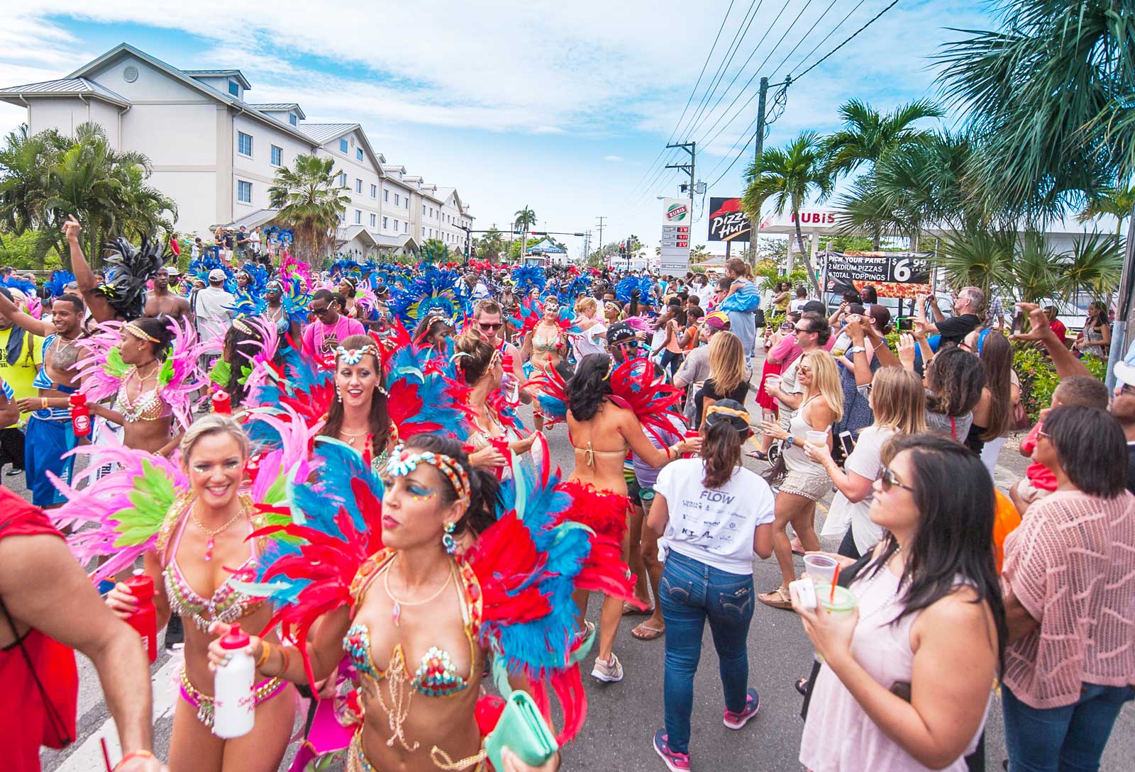 Batabano Carnival parade in the Cayman Islands with colorful costumes, dancers and lively street celebrations