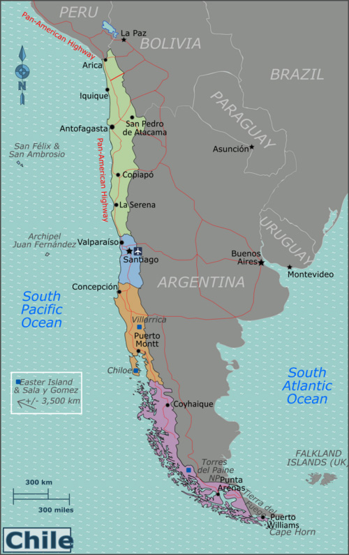 Map of Chile showing main regions and travel routes