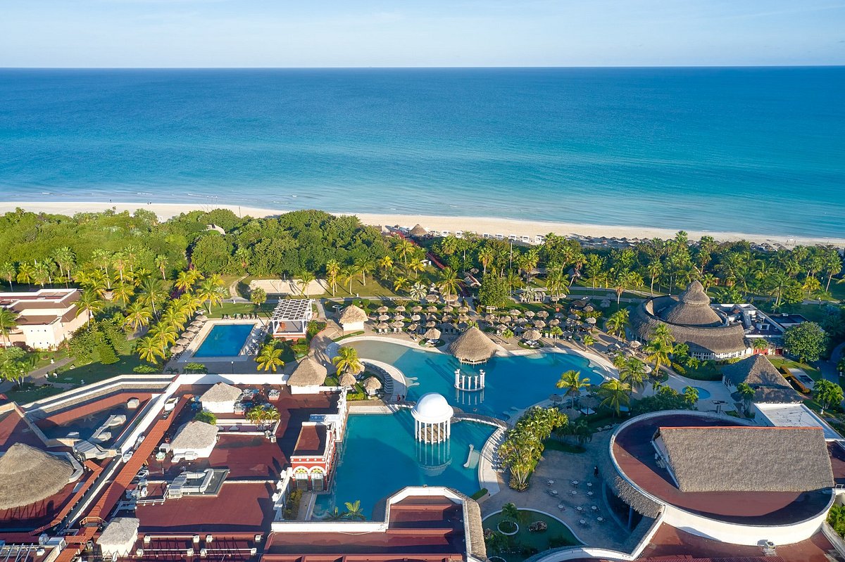 Aerial view of an all-inclusive beachfront resort in Varadero, Cuba with white-sand beach and turquoise Caribbean Sea