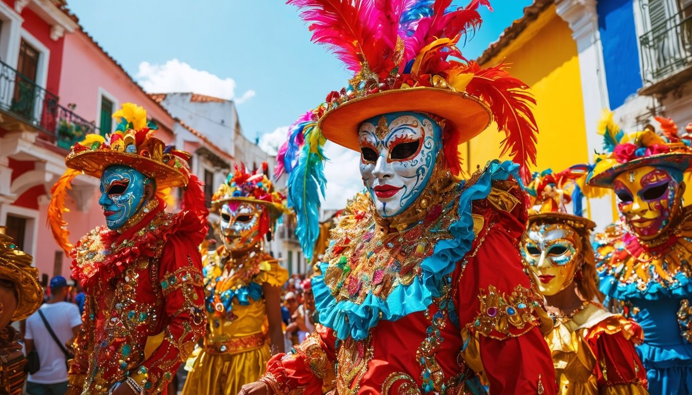 Colorful carnival parade in the Dominican Republic featuring traditional masks, vibrant costumes and street celebrations