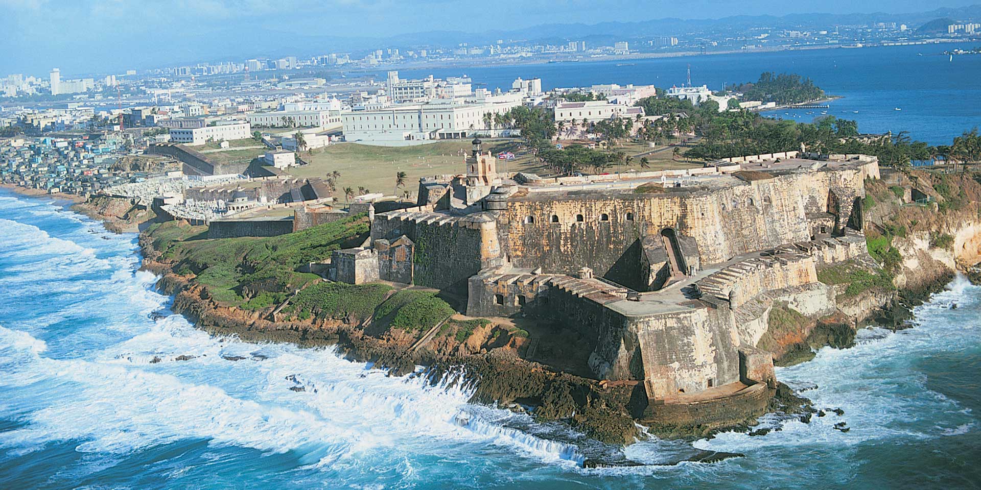 Aerial view of El Morro fortress in Old San Juan, Puerto Rico, overlooking the Atlantic Ocean and historic city walls