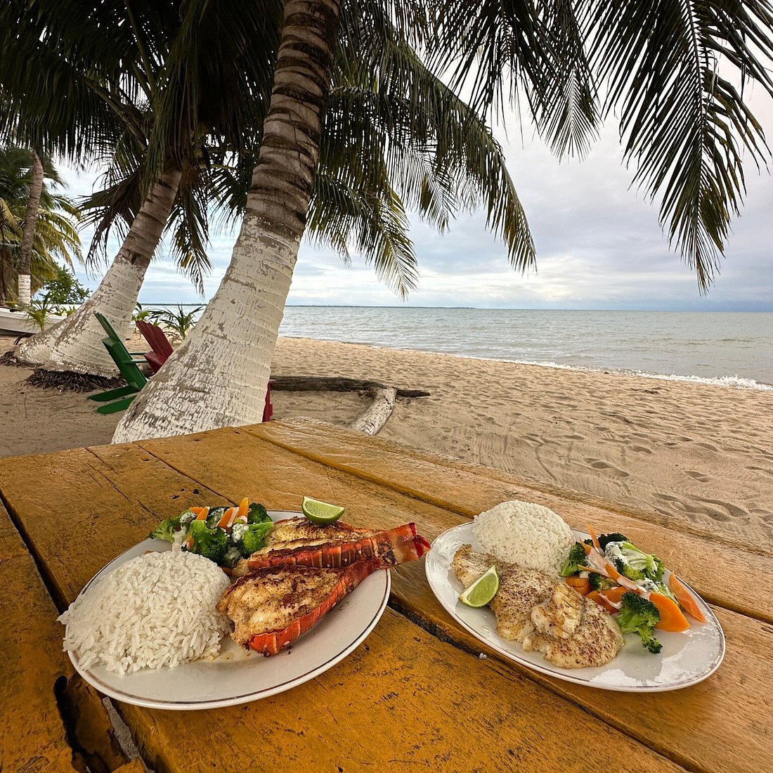 Beachfront Caribbean seafood meal with grilled lobster, rice, and fresh vegetables served by the sea in the Virgin Islands