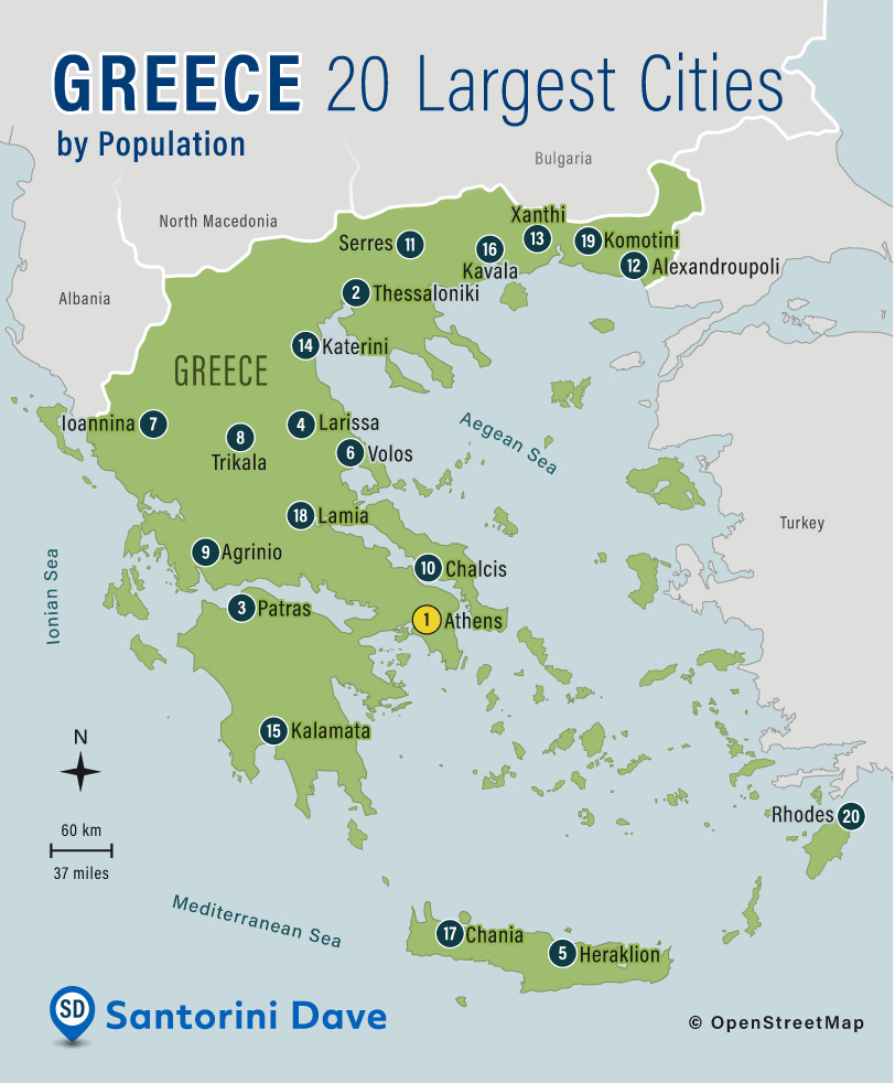 Greece Map – 20 Largest Cities by Population Map of Greece showing the 20 largest cities by population including Athens, Thessaloniki, Patras, Heraklion, and Larissa