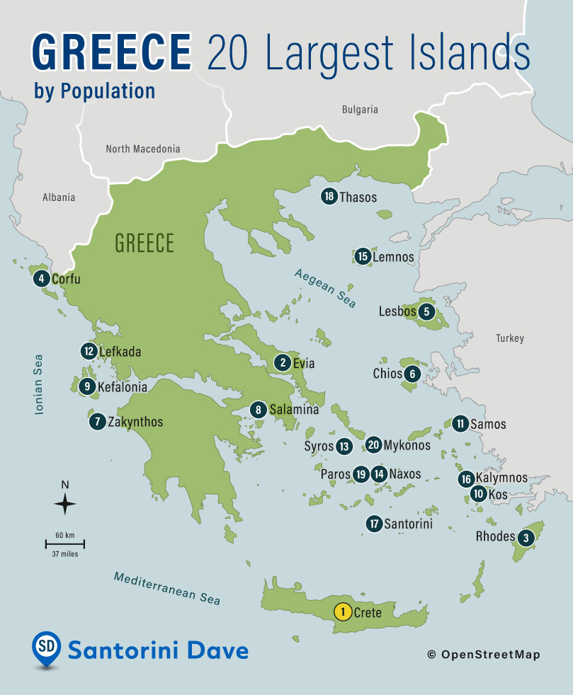 Greece Largest Islands by Population Map showing the 20 largest Greek islands by population including Crete, Euboea, Lesbos, Rhodes, and Corfu