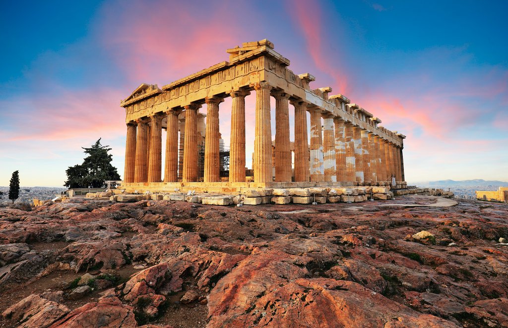 The Parthenon at the Acropolis in Athens, Greece, at sunset