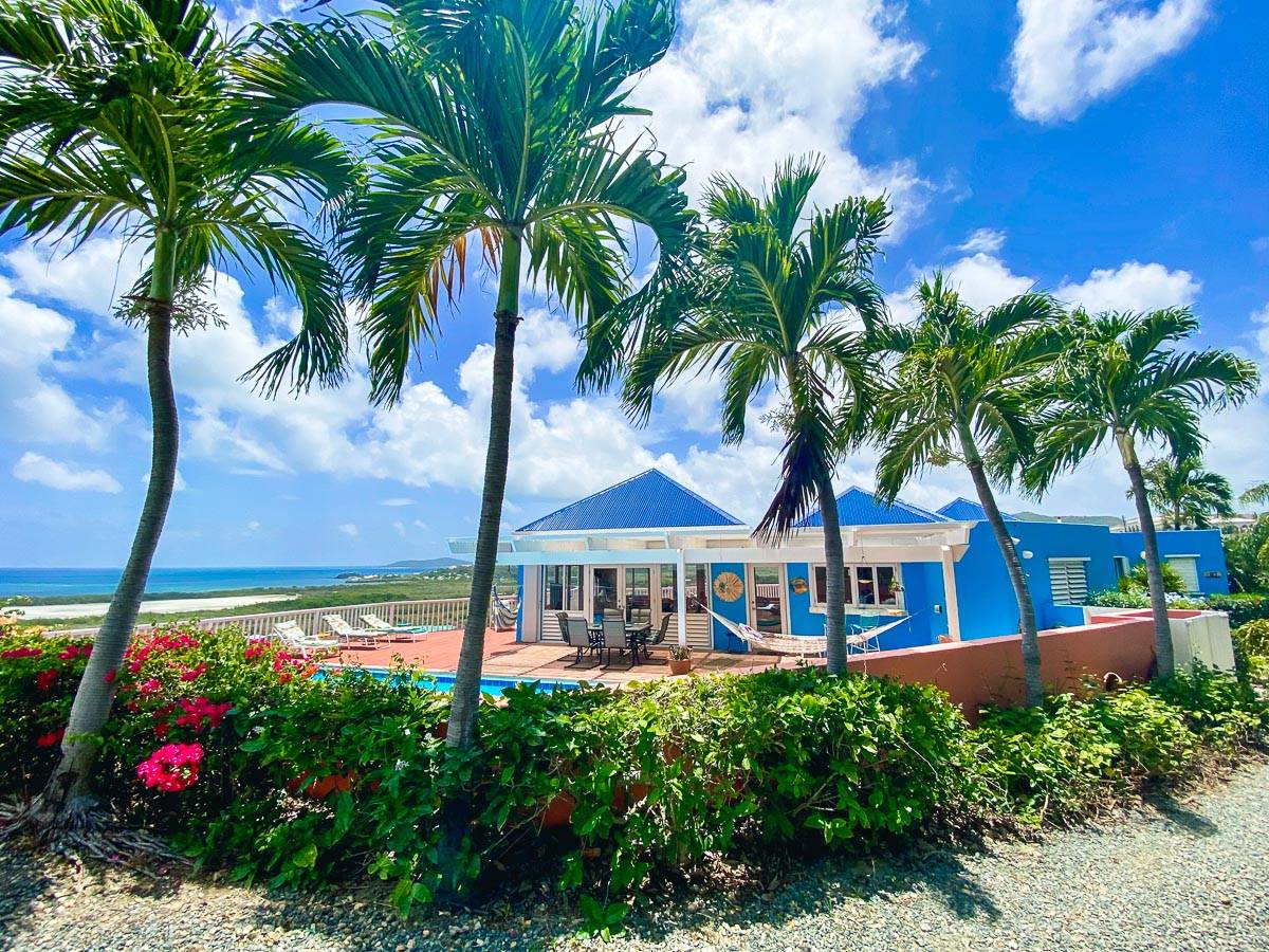 Hillside villa with palm trees, outdoor terrace and pool views in a tropical island setting
