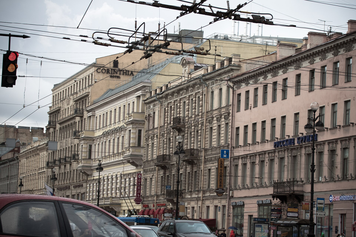 Corinthia St Petersburg on Nevsky Prospekt, with its name above the façade Corinthia St Petersburg on Nevsky Prospekt, with its name above the façade