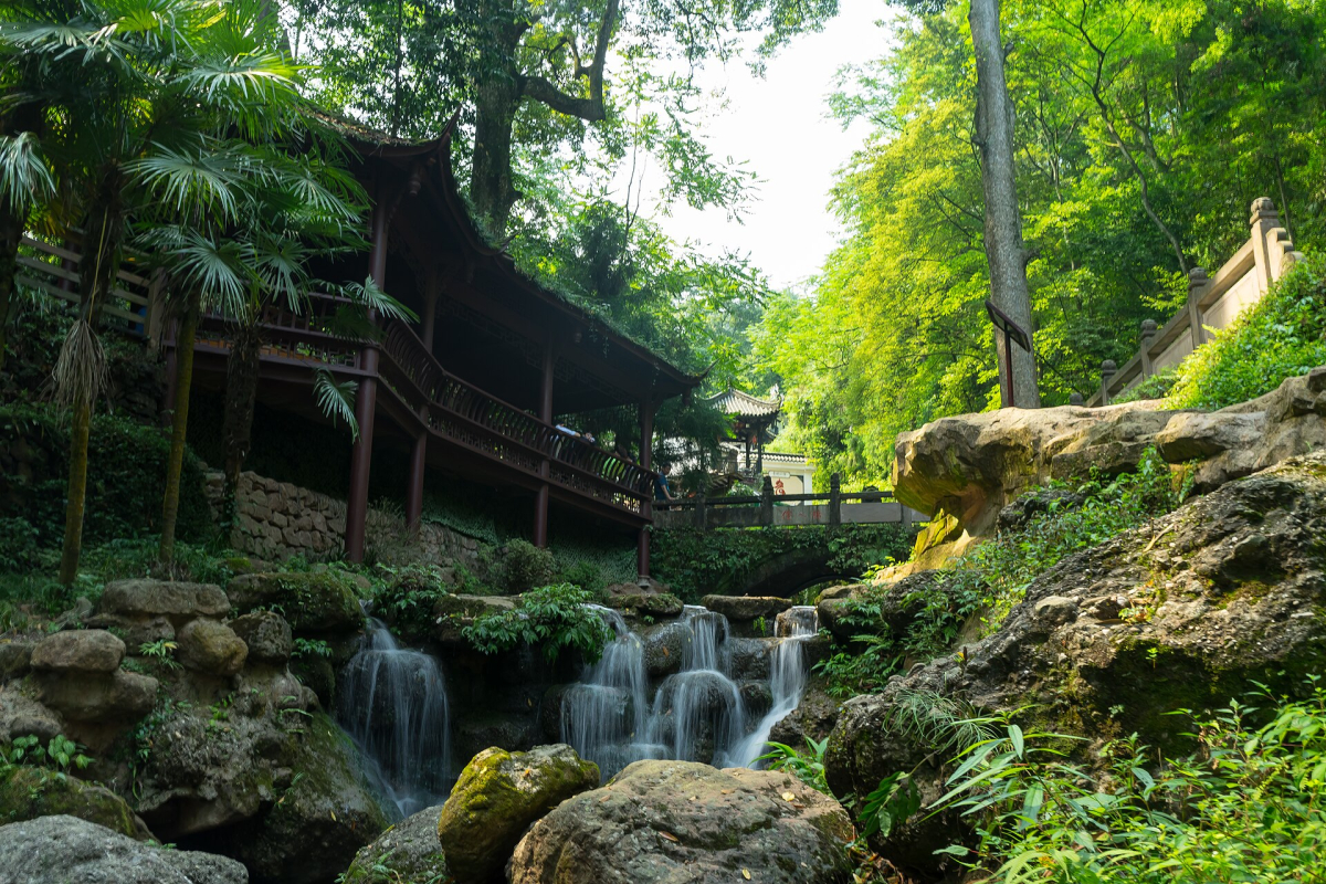 Wooded mountain and cultural setting at Mount Qingcheng Wooded mountain and cultural setting at Mount Qingcheng
