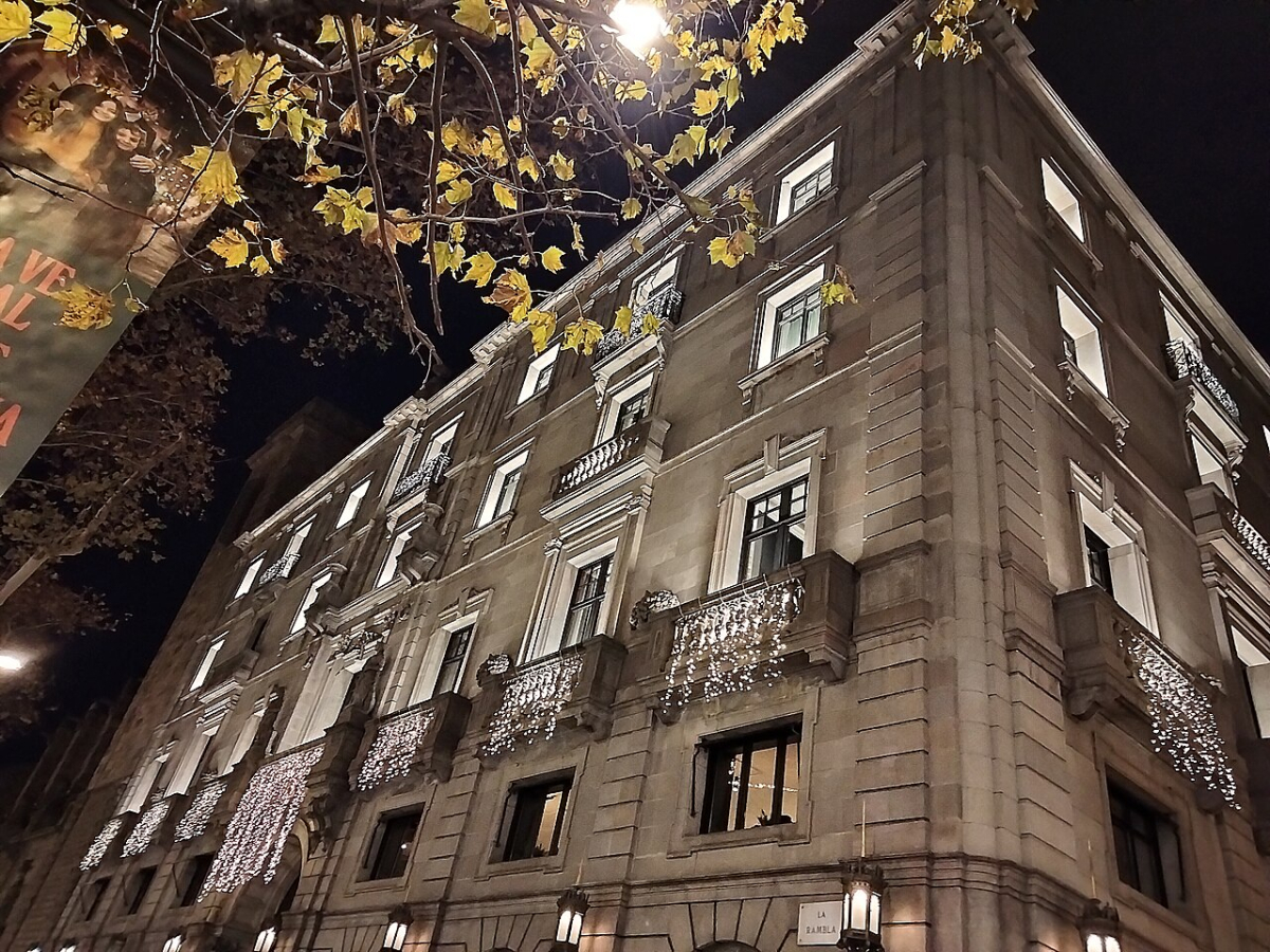 Hotel 1898 exterior on La Rambla at night