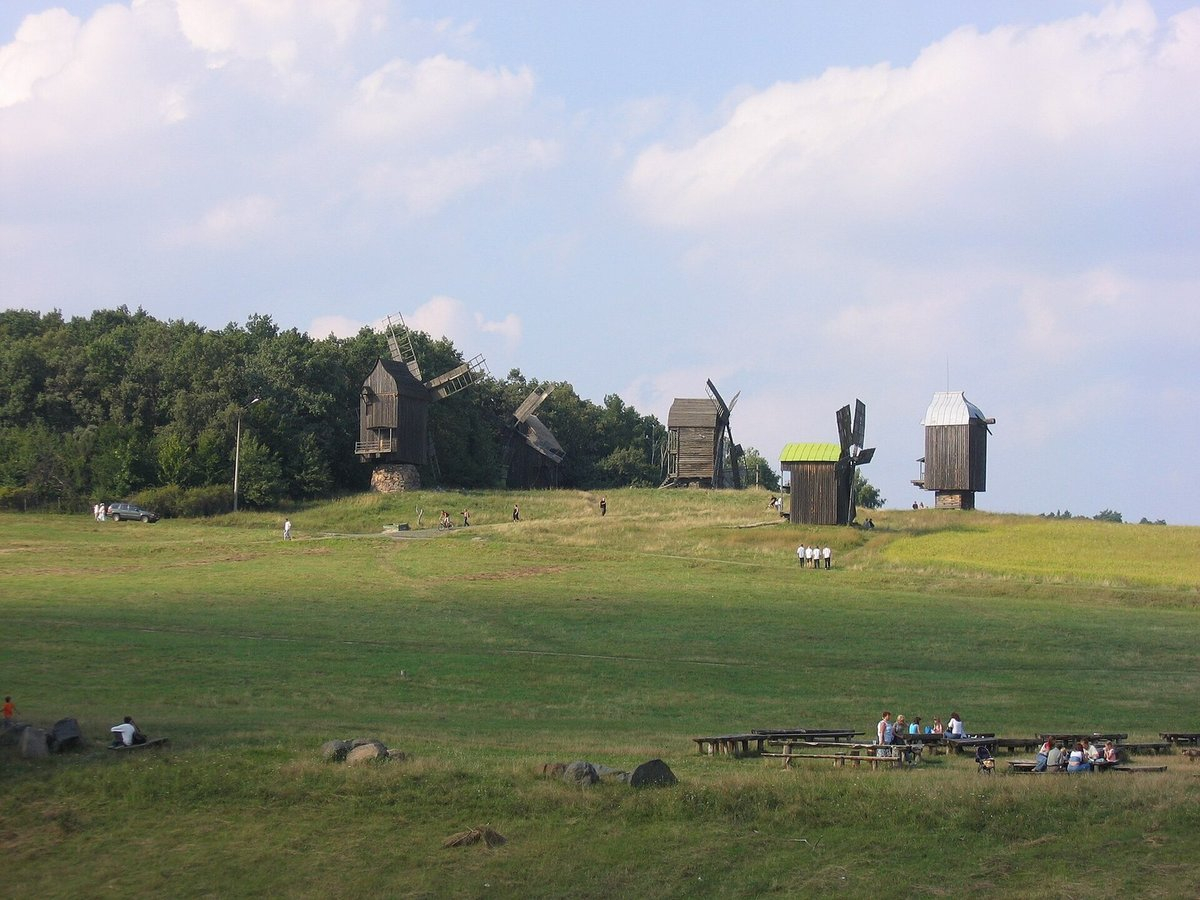 Historic windmills in the Pyrohiv museum landscape near Kyiv