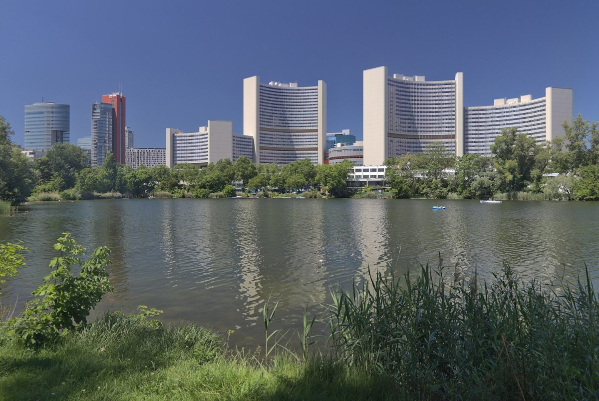 Water and the modern buildings of Vienna’s Danube side Water and the modern buildings of Vienna’s Danube side