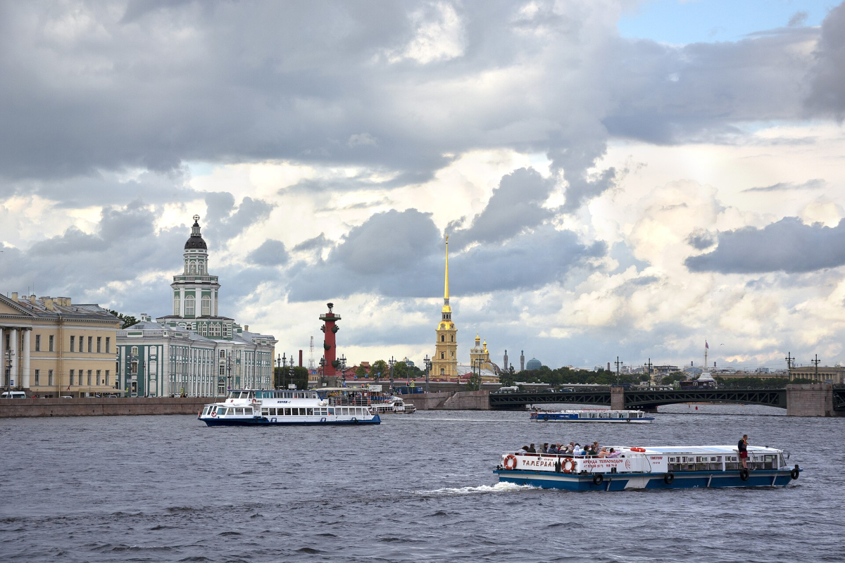 Pleasure boats on the Neva in Saint Petersburg Pleasure boats on the Neva in Saint Petersburg