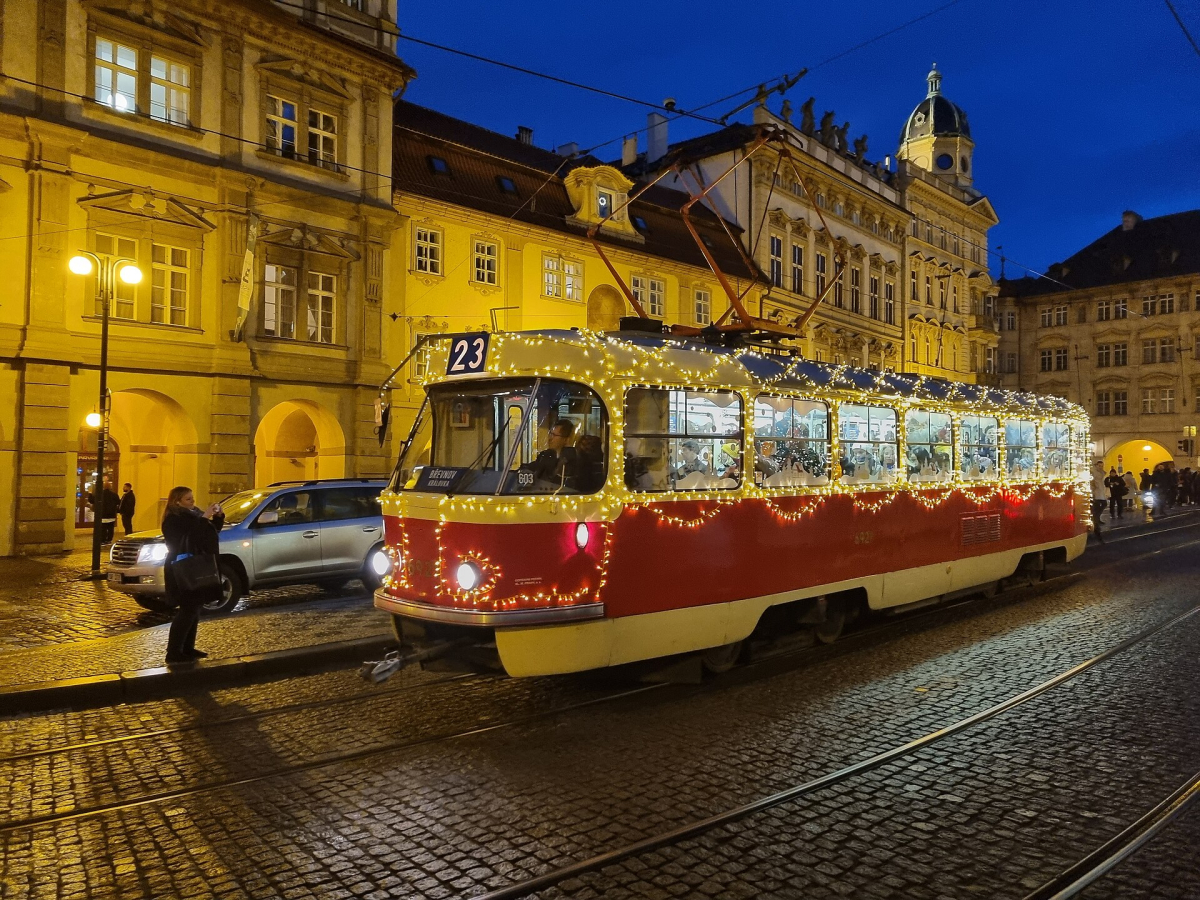 A tram running through Prague