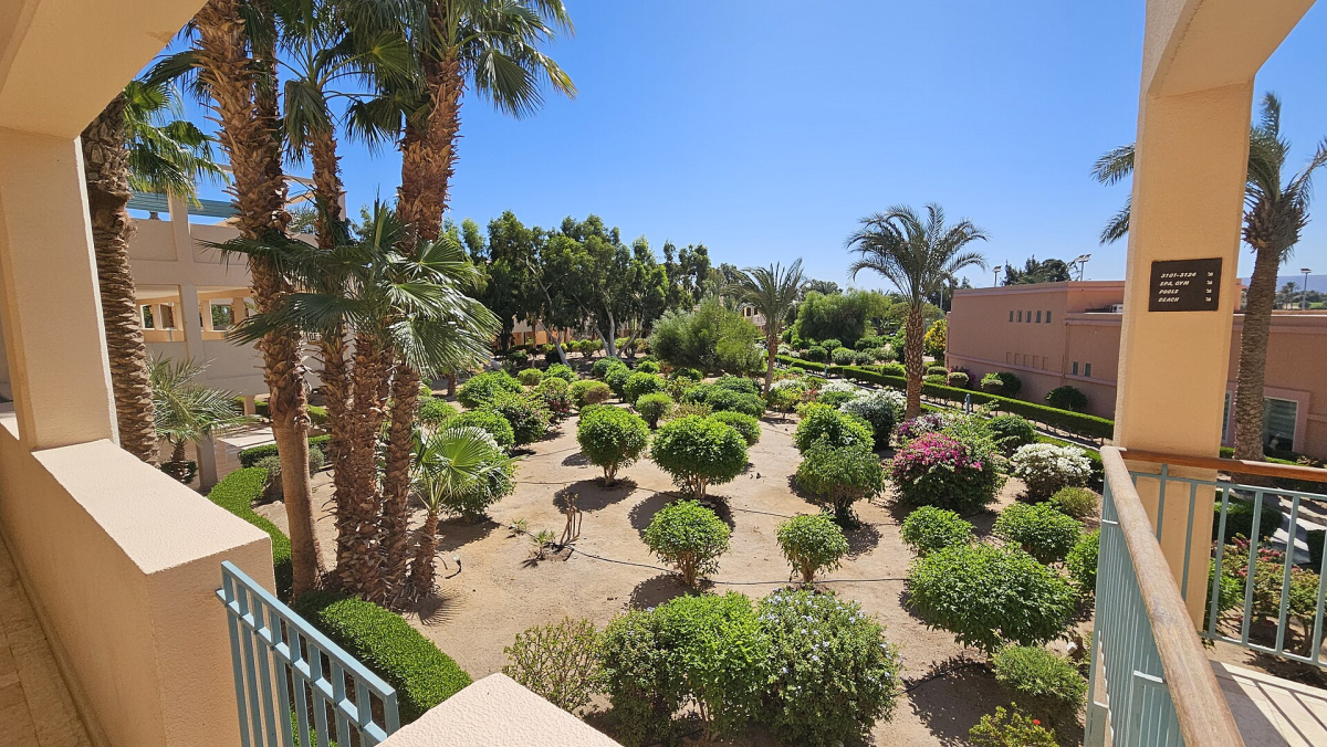 Gardens seen from a guest-building balcony at Movenpick El Gouna Gardens seen from a guest-building balcony at Movenpick El Gouna