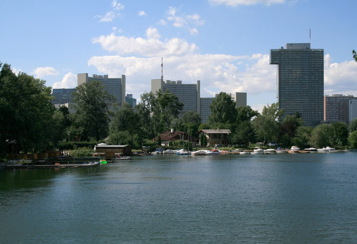 The Old Danube with Vienna’s modern towers beyond The Old Danube with Vienna’s modern towers beyond