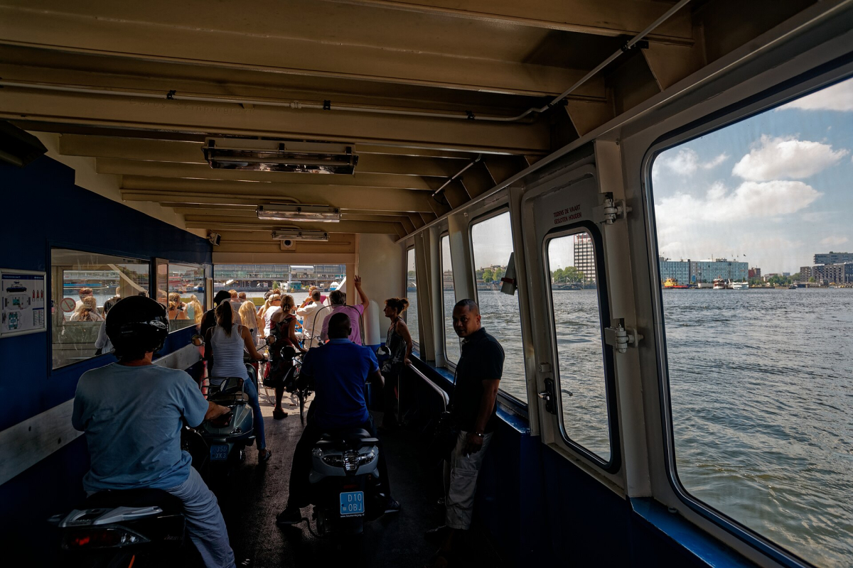 Inside a passenger ferry at the IJ waterfront. Inside a passenger ferry at the IJ waterfront.
