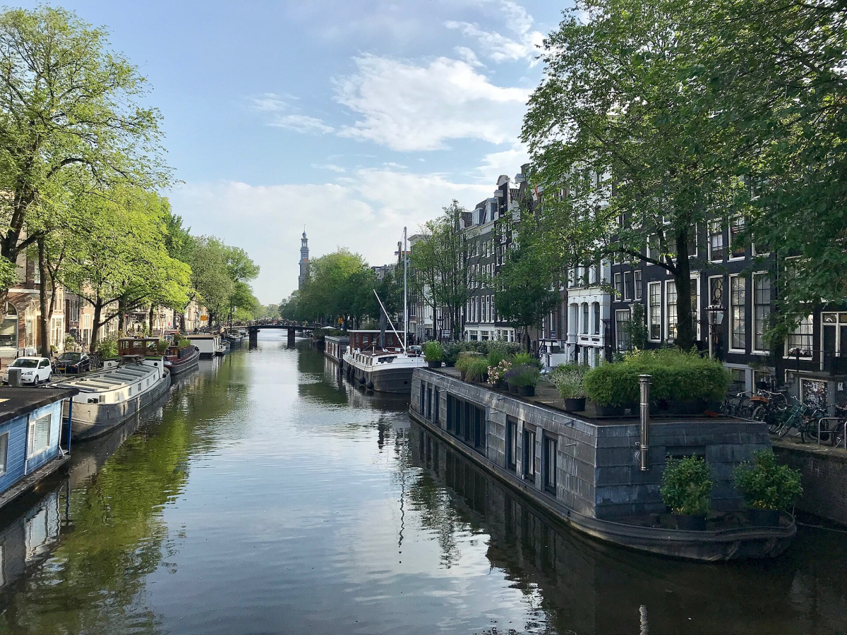 A quiet canal view in Amsterdam.
