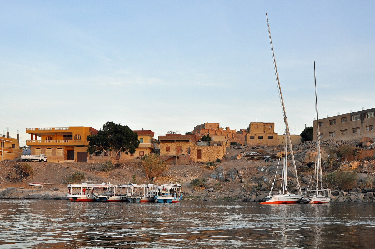 Feluccas and river scenery on the Nile at Aswan Feluccas and river scenery on the Nile at Aswan