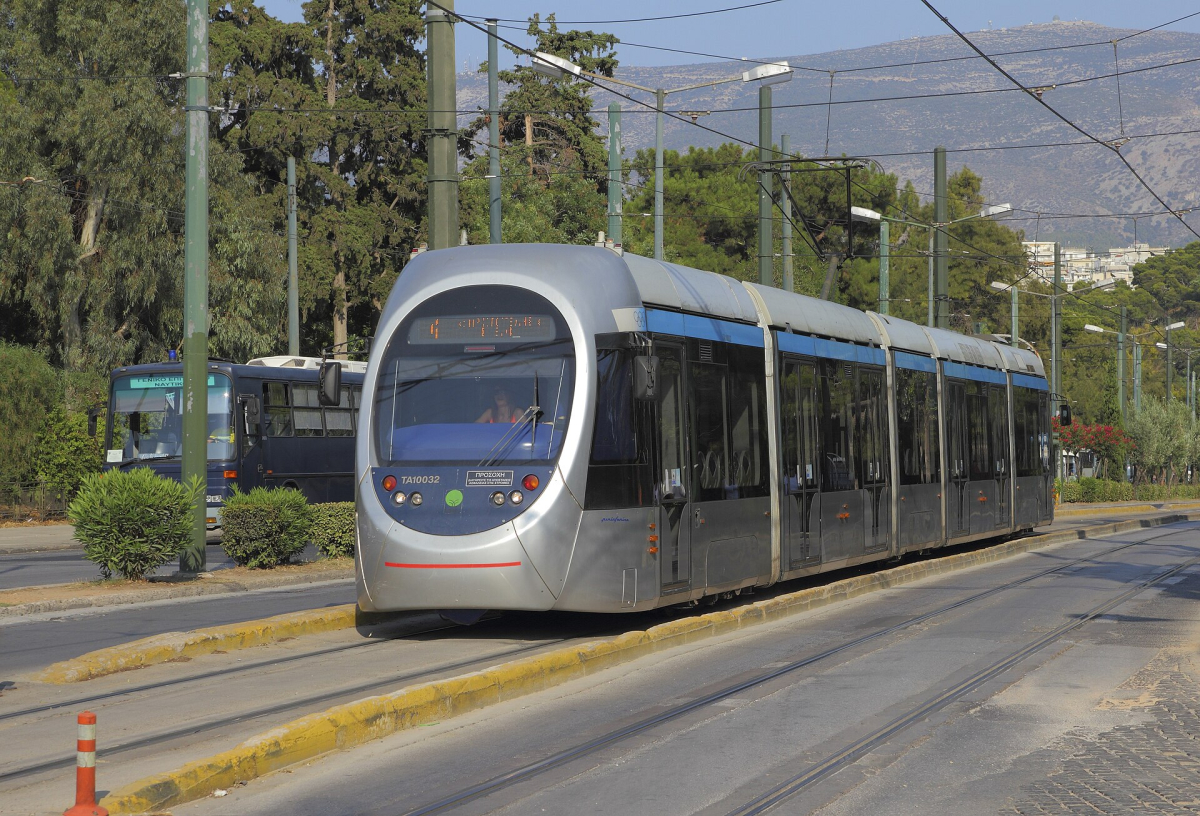 An Athens tram on its reserved track. An Athens tram on its reserved track.