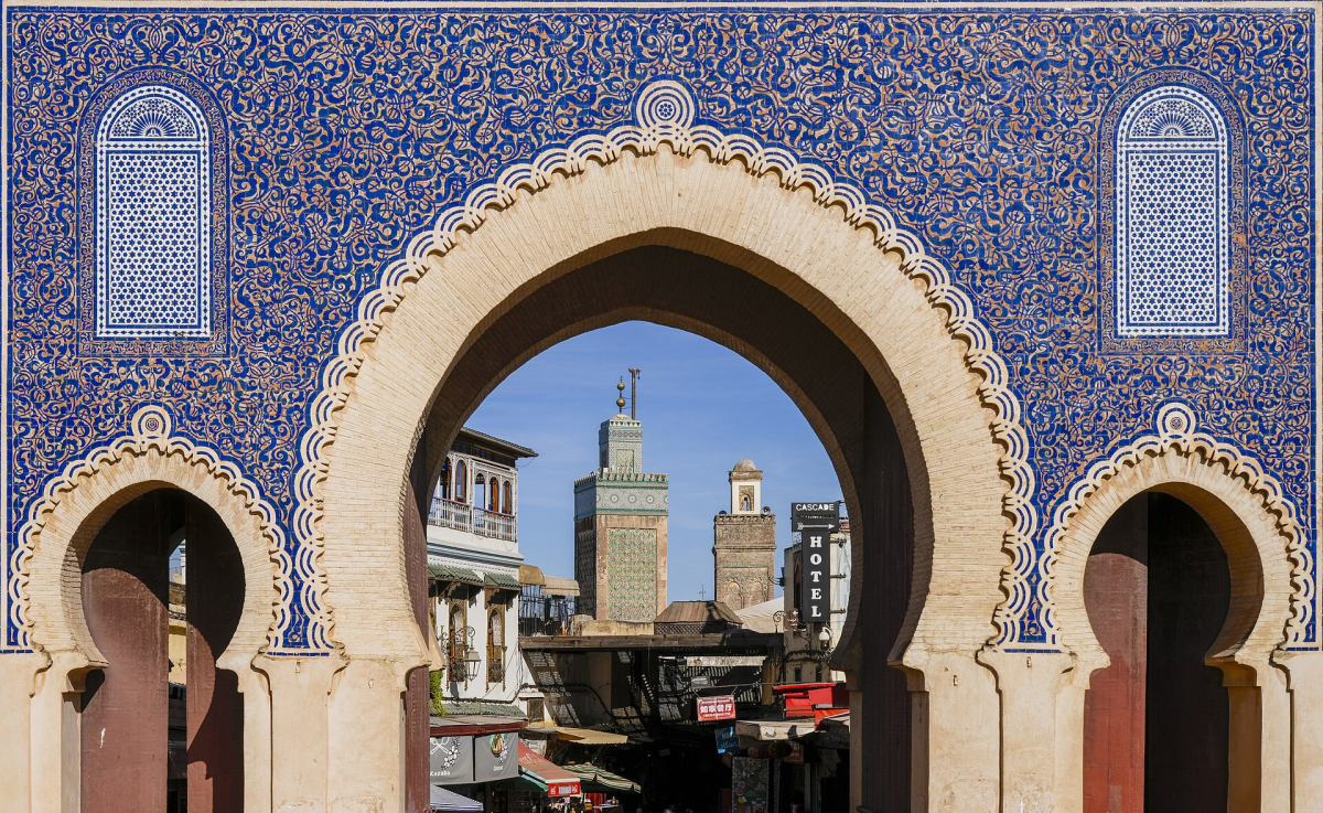 Bab Bou Jeloud framing a minaret in Fes, photographed in November 2025 Bab Bou Jeloud framing a minaret in Fes, photographed in November 2025
