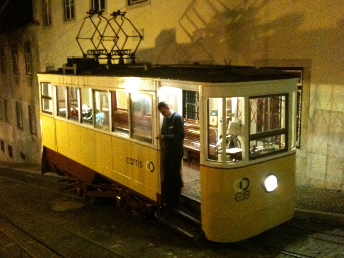 Historic Lisbon tram at night near Bairro Alto Historic Lisbon tram at night near Bairro Alto