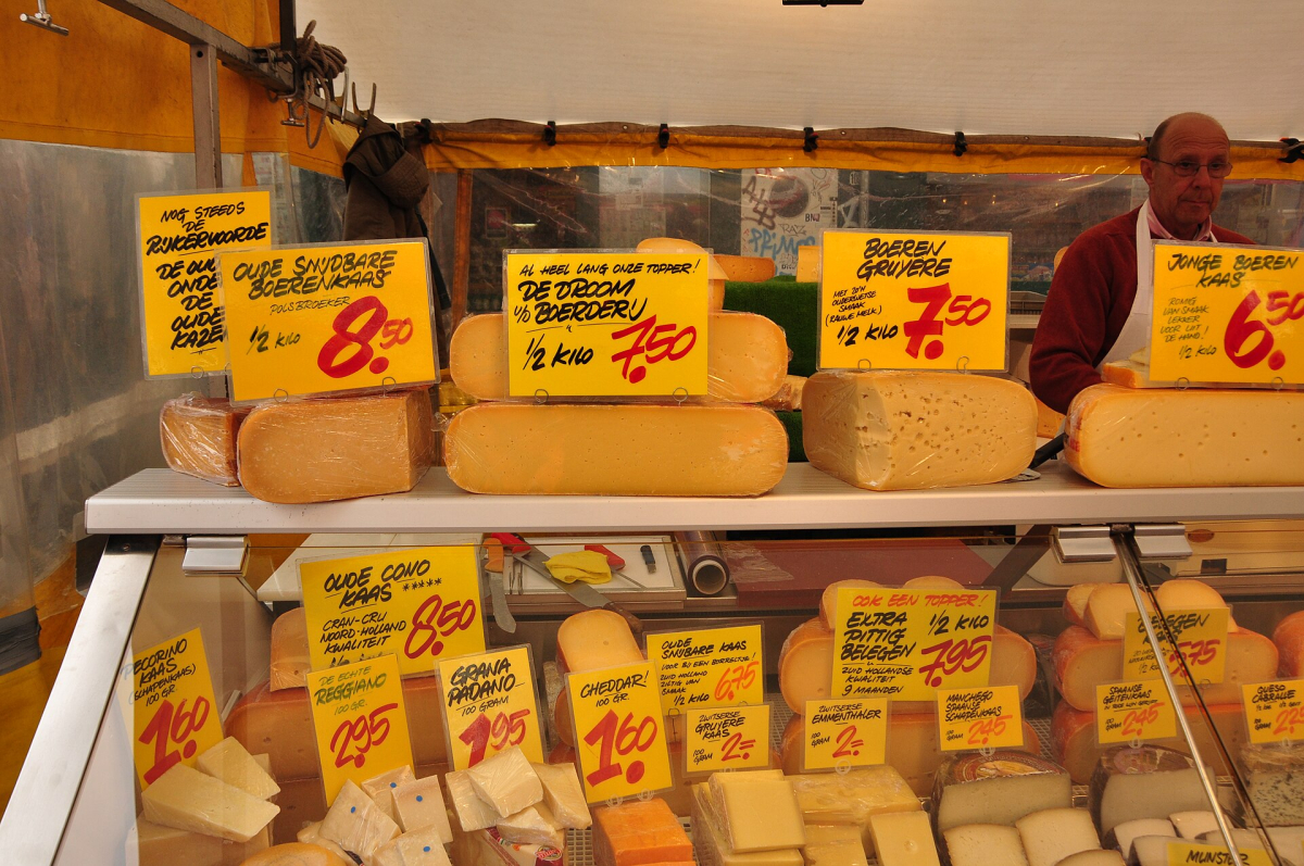 Cheese on display at Albert Cuyp market; pictured prices are historical. Cheese on display at Albert Cuyp market; pictured prices are historical.