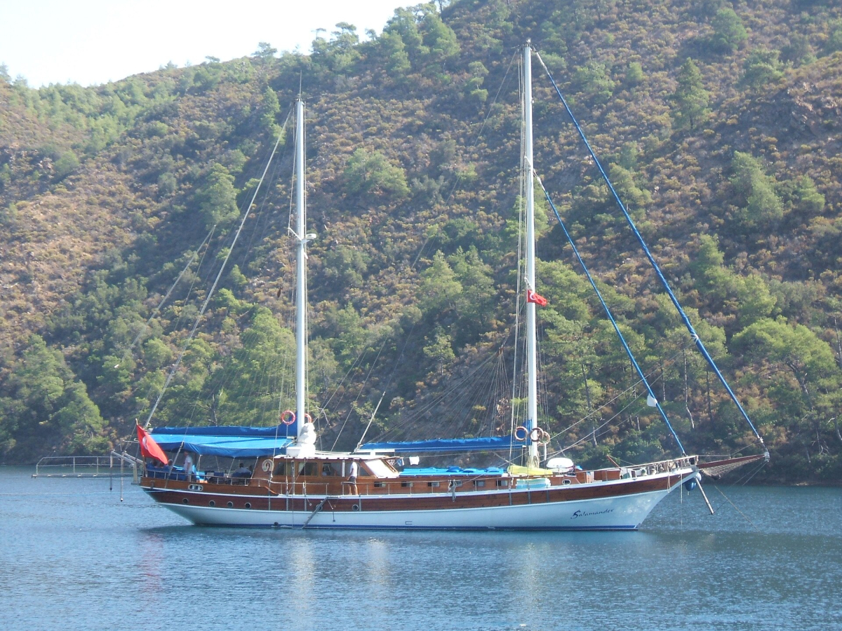 A wooden gulet in a bay near Bodrum