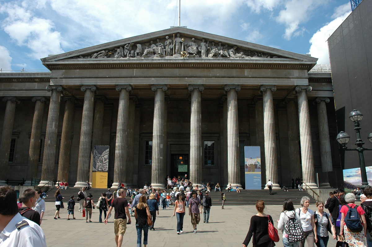 Columned facade and open forecourt of the British Museum in Bloomsbury