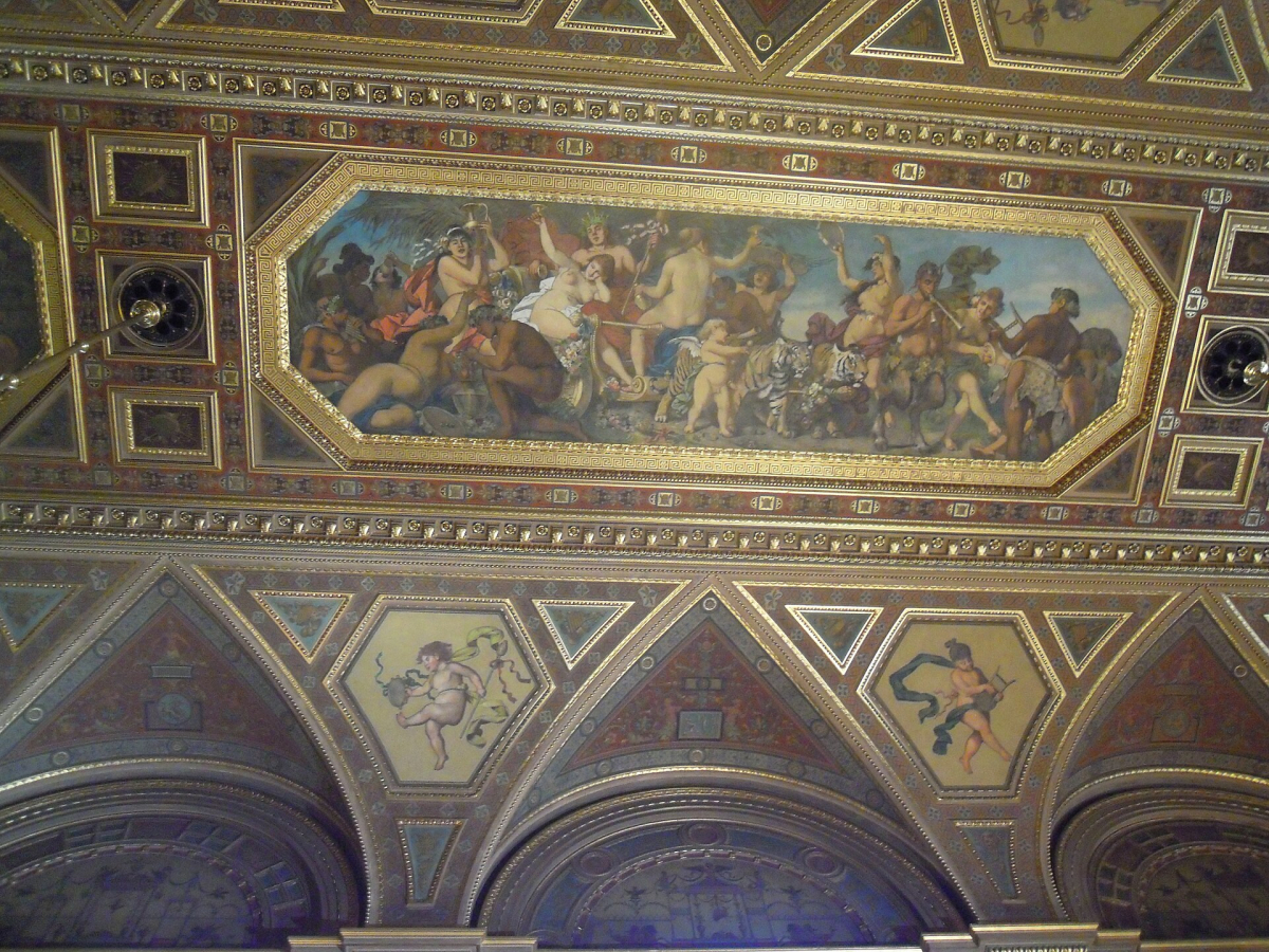 Painted ceiling inside the Hungarian State Opera in Budapest
