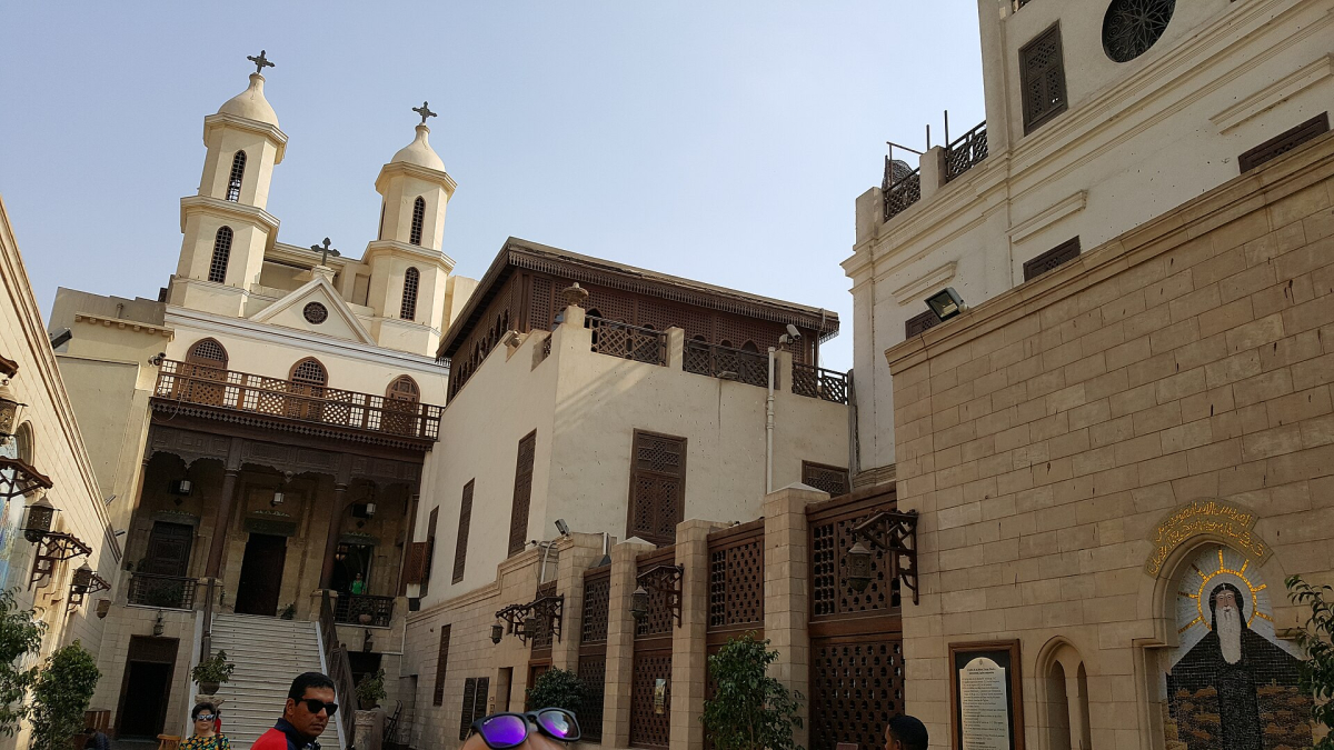 Courtyard and twin towers of the Hanging Church in Cairo Courtyard and twin towers of the Hanging Church in Cairo