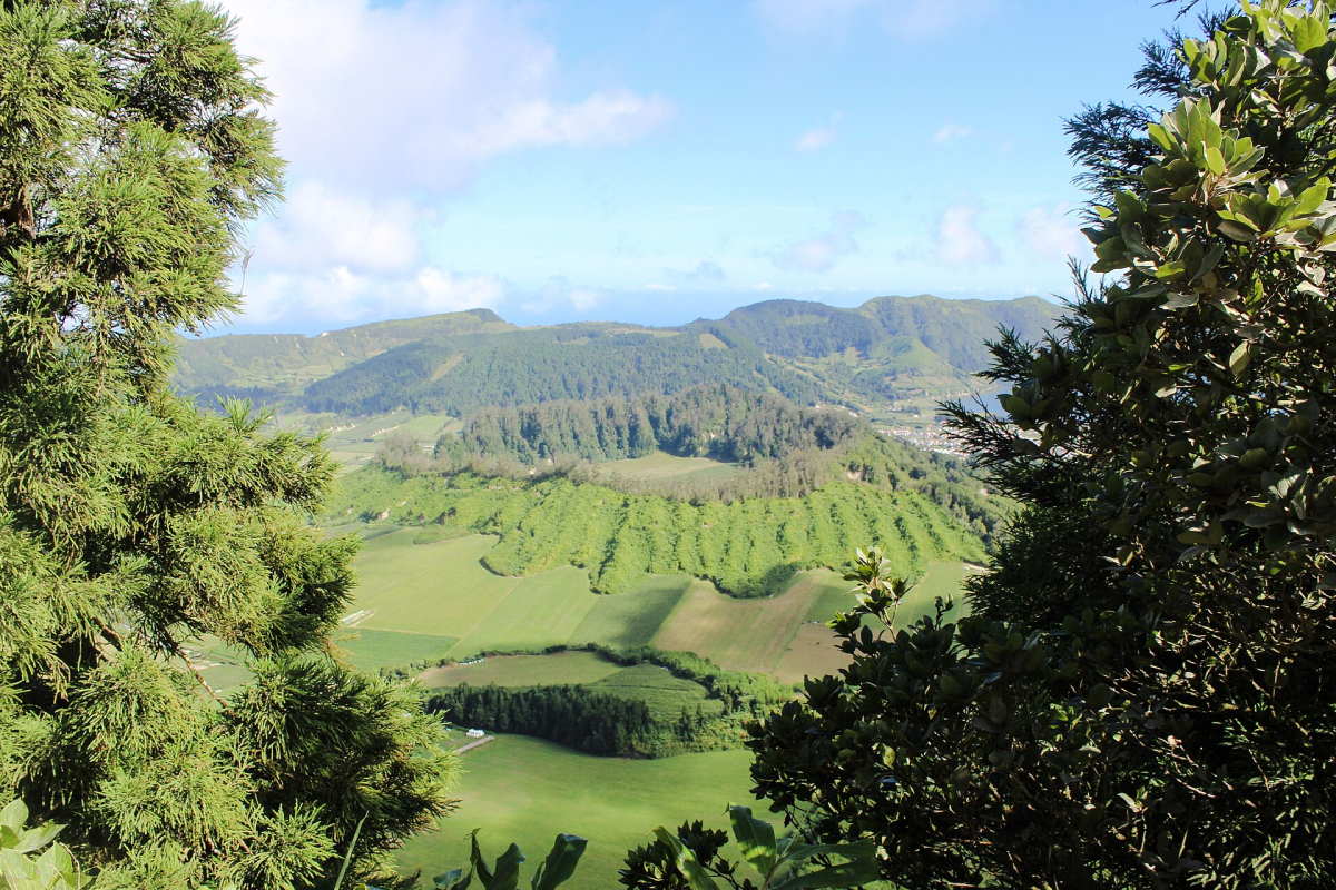 Volcanic lake and green slopes at Sete Cidades on São Miguel Volcanic lake and green slopes at Sete Cidades on São Miguel